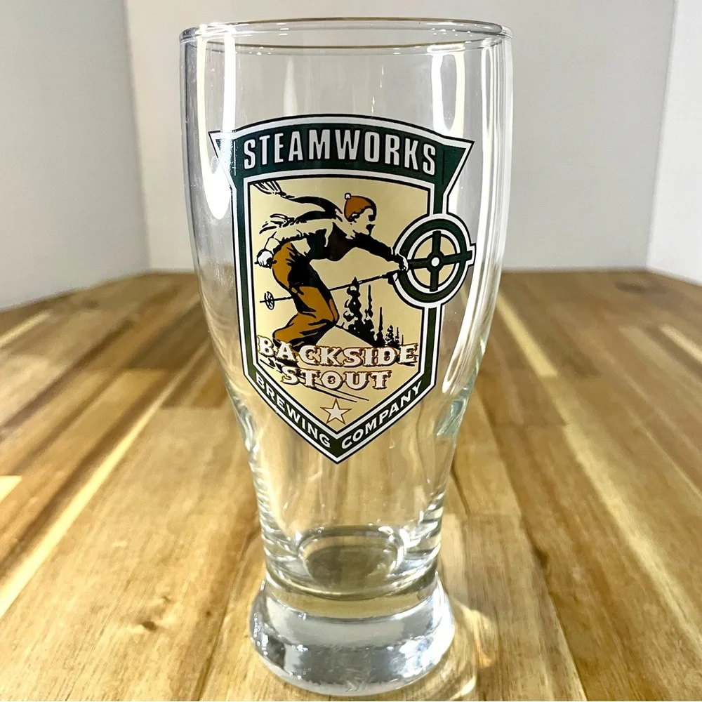 Steamworks Brewing Company Beer Glass 6 1/2” Skier Logo Retro Pilsner Glass